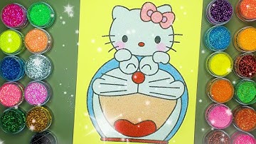 Doraemon Và Mèo Hello Kitty✍ Vẽ Và Tô Màu Tranh Cát Nhân Vật Hoạt Hình 🎨Học Màu Sắc | Heo Xinh