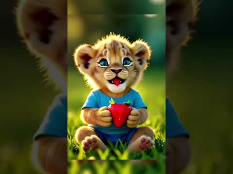 Cute Baby Lion Eating A Strawberry 