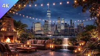 NYC Rooftop Fireplace & Skyline Glow | Cozy Terrace Night with Relaxing City Sounds (3 Hours, 4K)