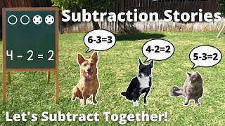 Professor Ginger, Hanny, And Axle Act out Subtraction Stories Using Pictures and Number Sentences