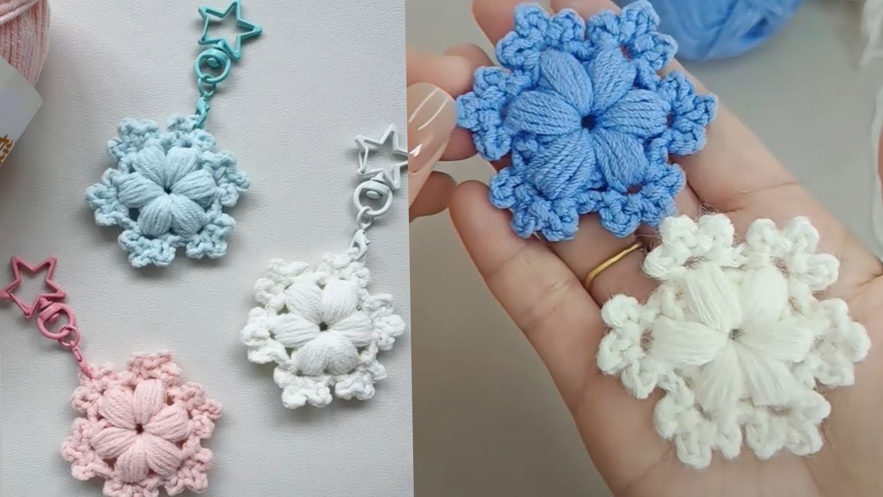Easy and quick❄️How to crochet snowflake flower keychain 