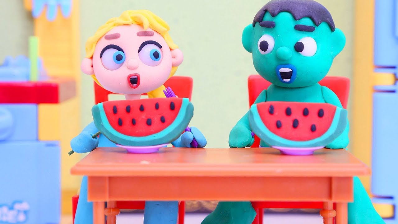 DibusYmas Watermelon 💕 Superhero Play Doh Stop motion cartoons