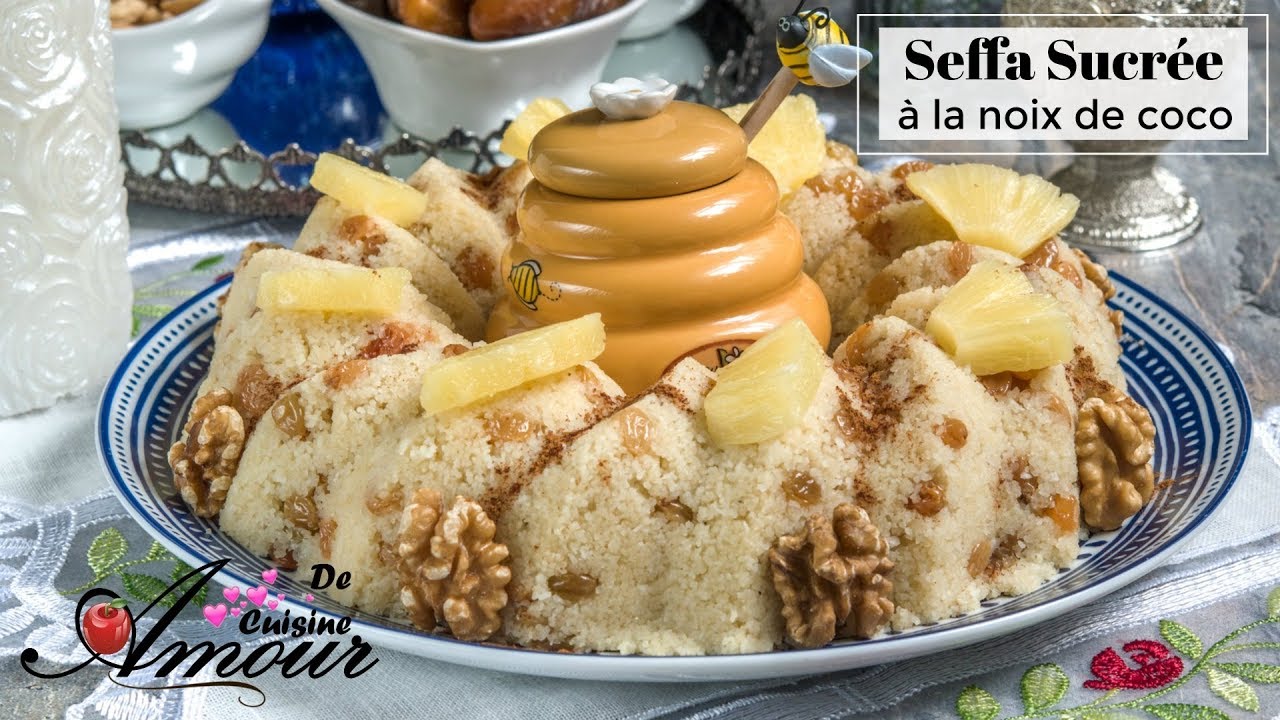 seffa sucrée à la noix de coco, couscous sucré à la cannelle,  plat de sohour pour ramadan