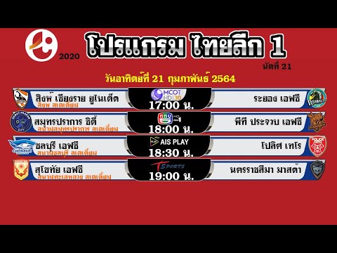 ตารางบอล โปรแกรมไทยลีก 1 2020 วันนี้ 20-21/2/64 วันที่ 20-21 กุมภาพันธ์ 2564 นัดที่ 21 ไทยลีกล่าสุด
