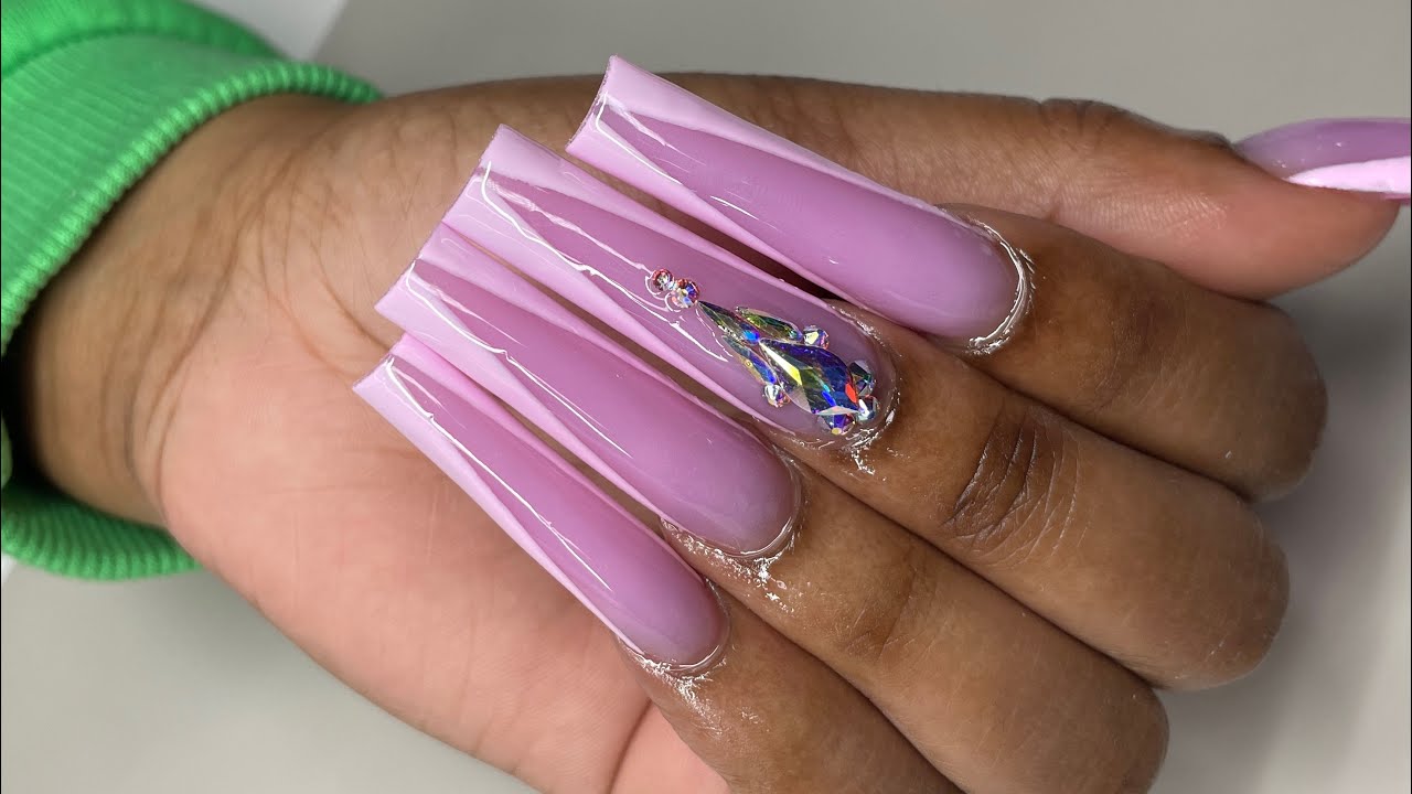 Pink Gel V-Tips Acrylic Fullset with Swarovski Crystals