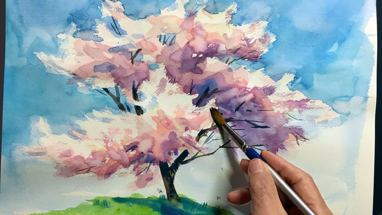 [ Eng sub ] Watercolor Tree Painting easy tutorial #4 Cherry blossom 水彩画の基本  〜桜の樹木を描くコツ