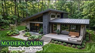 Single-Story Modern Cabin Concept Butterfly Roofline Floor-To-Ceiling Glass 30X36 Ft