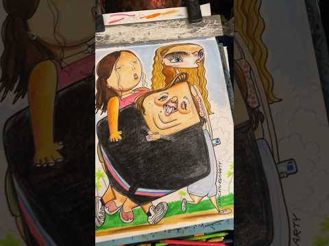 أم وابنتها وصديقتها التي تعتبرهم بمثابة عائلة كاريكاتير مضحك فن الشارع فنان