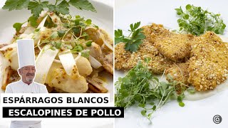 ESPÁRRAGOS blancos en tres texturas - ESCALOPINES de POLLO con salsa de queso // con Arguiñano