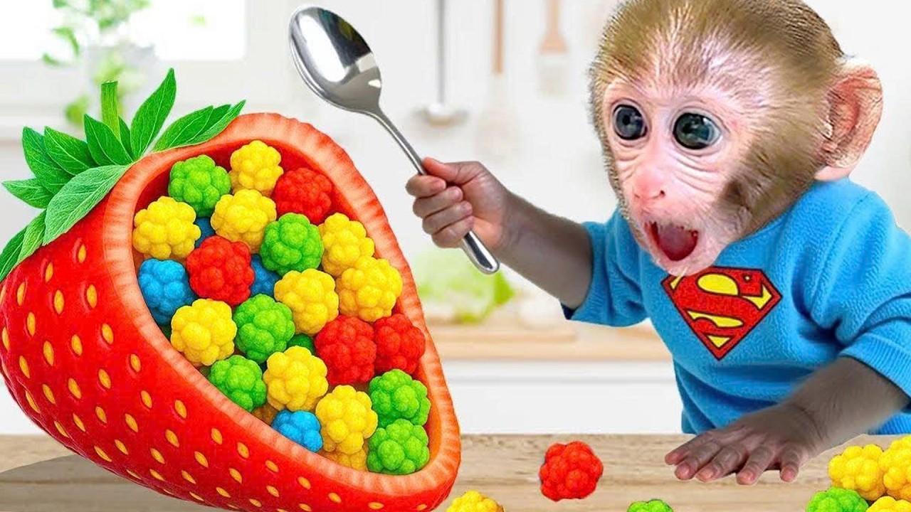 小猴子Bon Bon吃巨大的爆米花并制作美味的冰淇淋