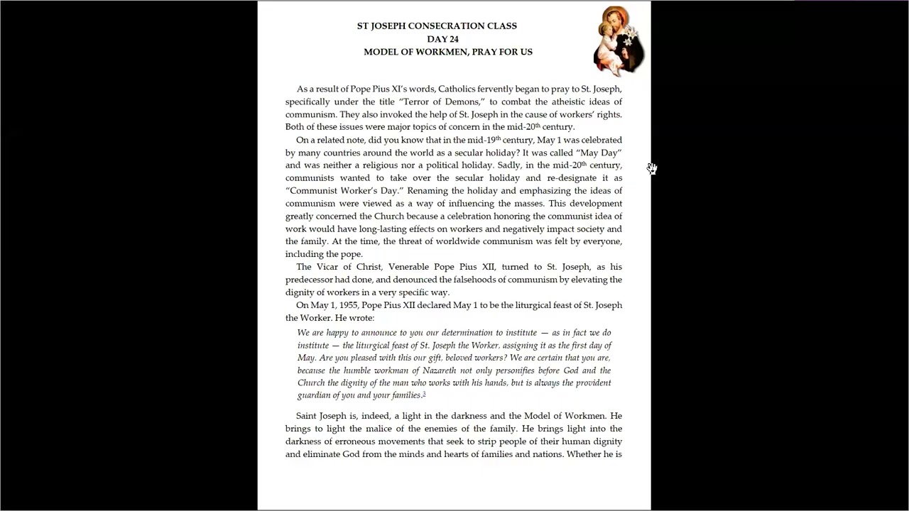 ST. JOSEPH CONSECRATION CLASS DAY 24, Model of Workmen, Pray for us