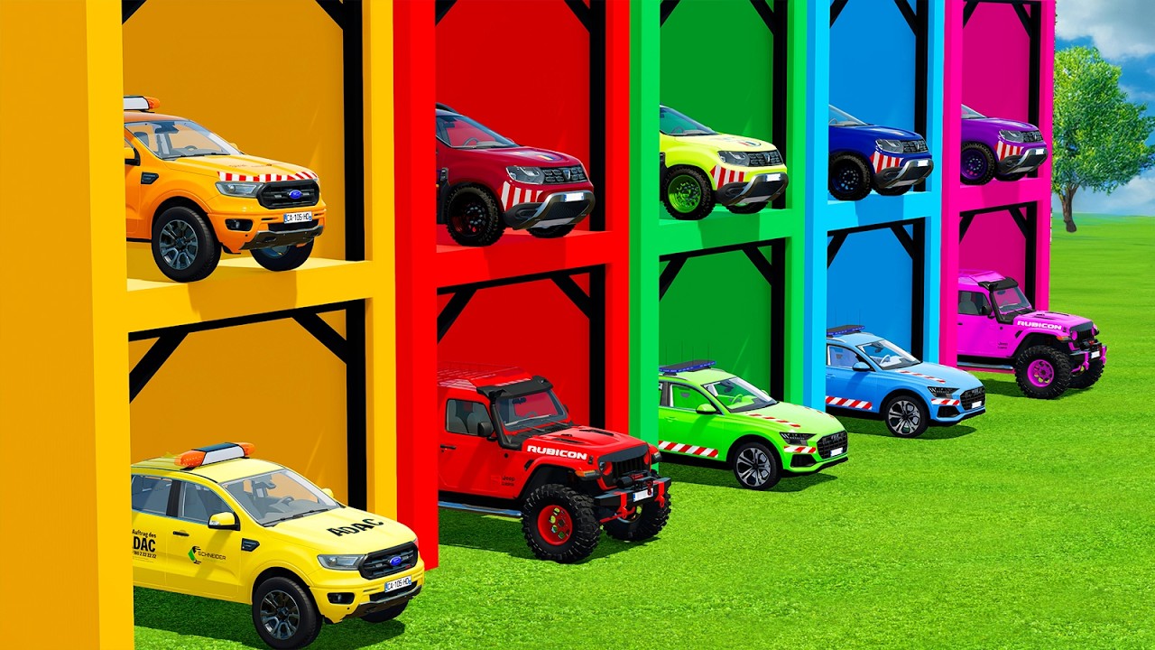 TRANSPORTING POLICE CARS, DACIA, VOLKSWAGEN & JEEP WITH TRUCKS - FS22