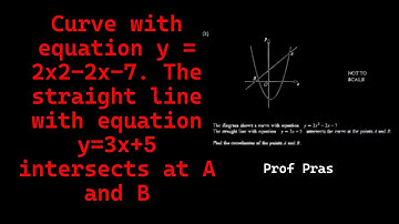 Curve with equation y = 2x2-2x-7. The straight line with equation y=3x+5 intersect at A and B.