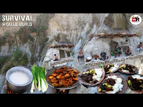 Survival House Build in Beautiful Hill Soft Stone Cooking Pork Rice with Green Salad and Eating