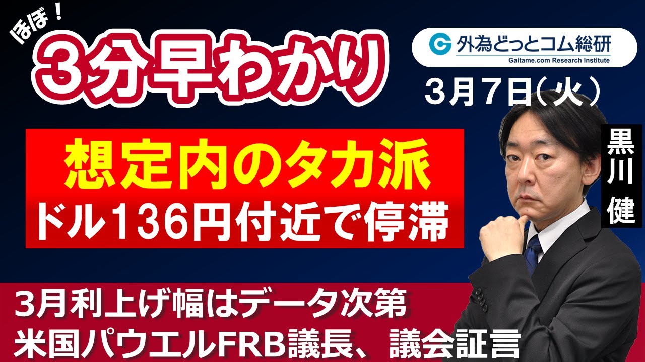 ドル/円３分早わかり「ドル136円付近で停滞　想定内のタカ派－米国パウエルFRB議長議会証言」2023年３月７日発表