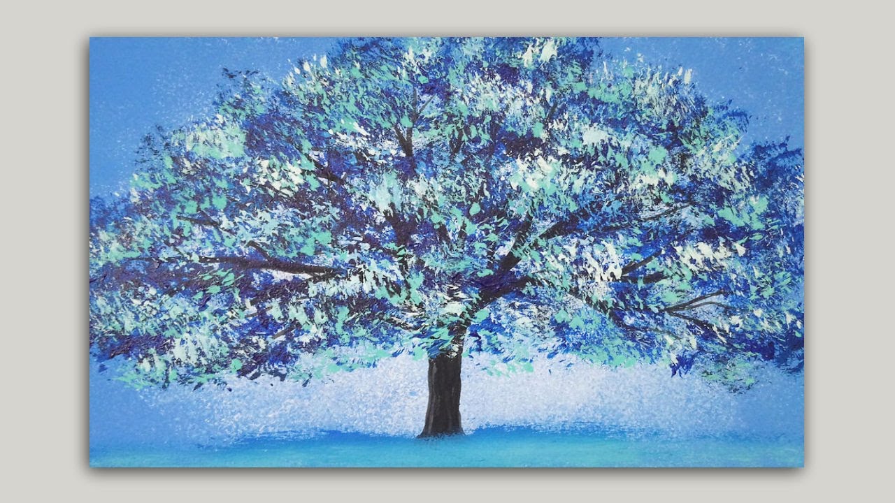 Blue Blossoming Tree Acrylic Painting on Sponge Painted Background: Painting  Demonstration - YouTube