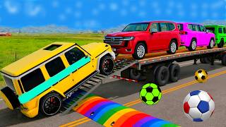 Flatbed Trailer McQueen Transportation with Truck - Speedbumps vs Cars vs Train - BeamNG.Drive #3
