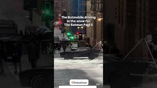 The Batmobile driving in the snow on the set of The Batman Part 2