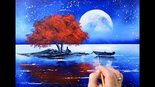 : Red Tree at Full Moon | Landscape Painting | Easy for Beginners | Abstract