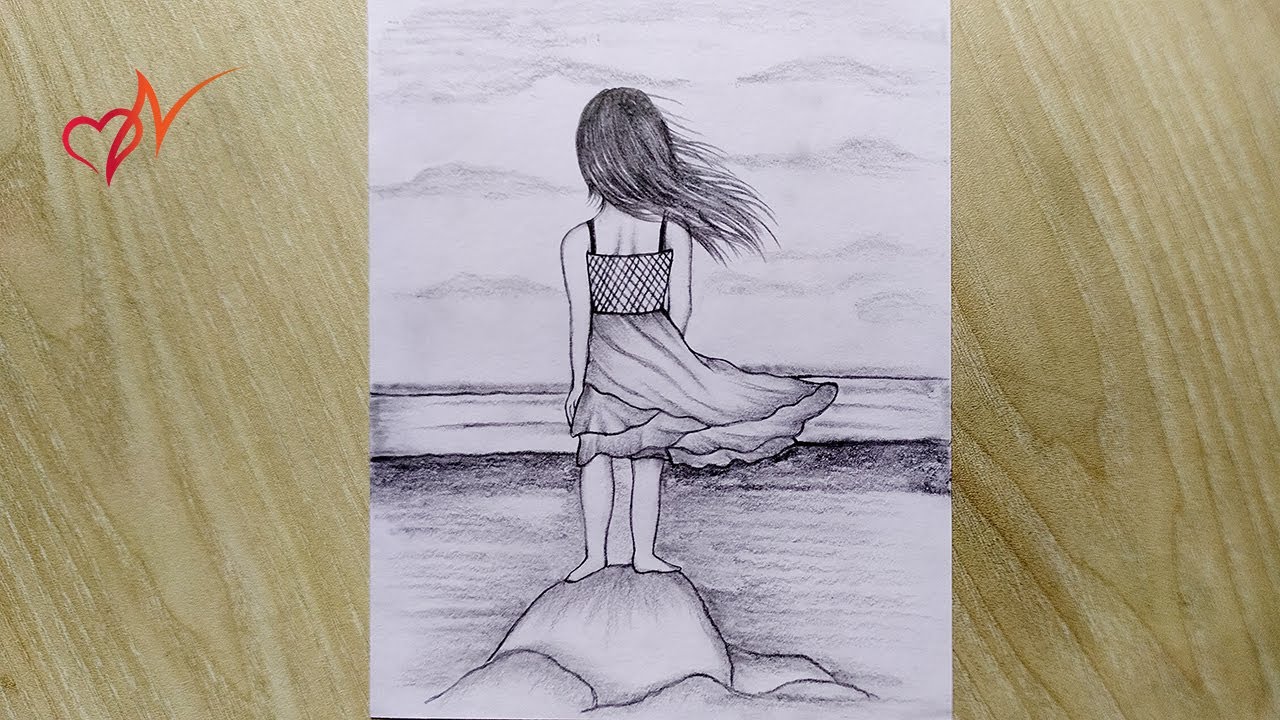 Alone girl standing on a sea beach || Pencil sketch drawing - Step by ...