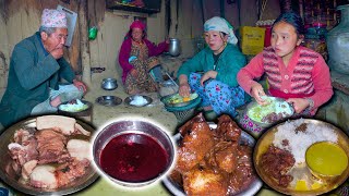 Pork Meat & Blood mix fry Recipe cooking & eating in village || Traditional style pork Recipe making