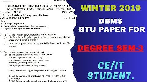 WINTER-2019  DBMS  GTU Paper For Degree 3-sem CE/IT Student. #gtu #gtupaper #degree.