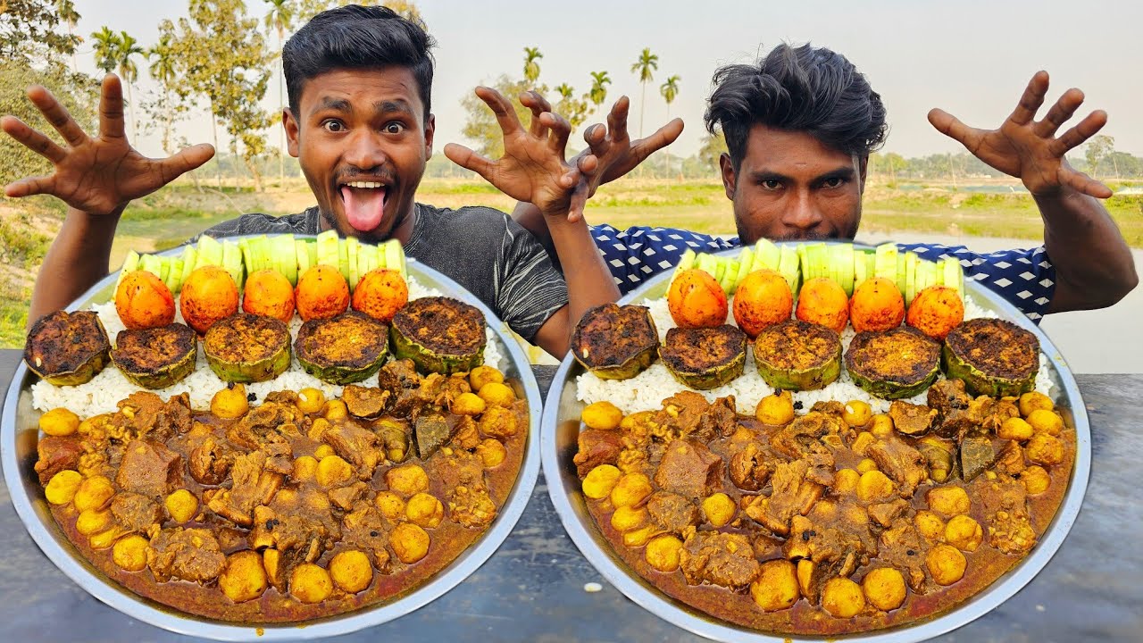 Eating spicy buffalo meat curry and egg curry with rice eating , eating challenge video