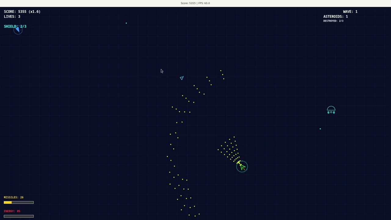 Comet Busters (Asteroids re-imagined) Demo as of Jan 7, 2025; complete play through using cheats.