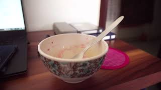 Empty Bowl Breakfast Work From Home Computer Table Stock Footage