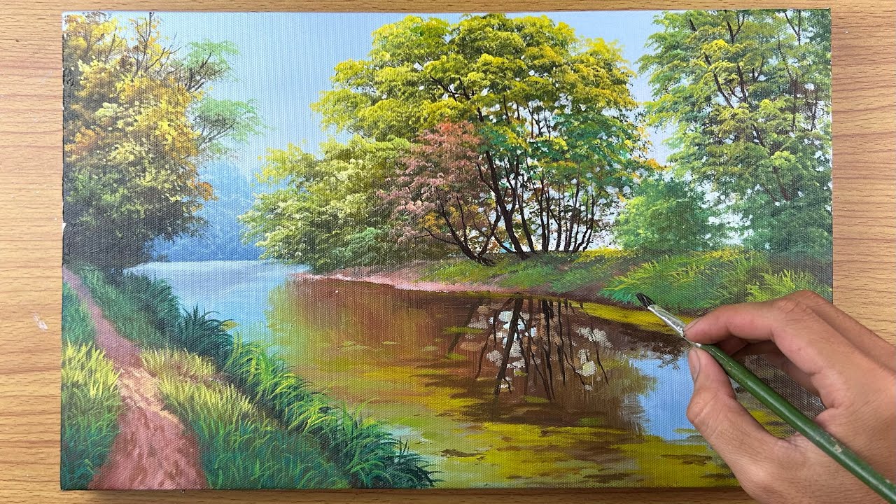 Relaxing River Landscape Acrylic Painting Tutorial | How to Paint Trees & Water Reflections