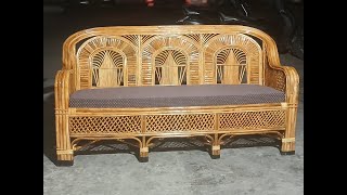 Bamboo Cane Three Seater Sofa, Couch for Home, Living Room, Garden, Resort, Hotels with Cushion