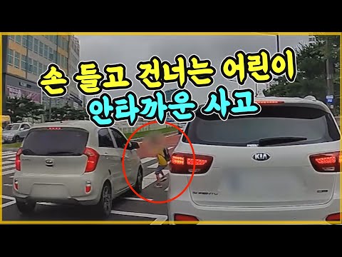 16516회. 신호가 바뀌었는데 그냥 달리던 모닝이, 손들고 횡단보도를 건너던 어린이를 치고 말았습니다