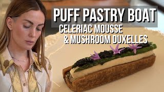 Puff pastry boat with asparagus, celeriac cream, mushroom duxelles & caviar 🤌🏻🍄‍🟫✨