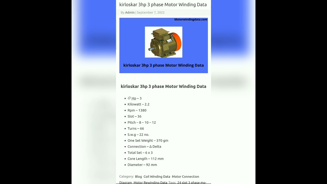 Kirloskar 3 Hp 3 Phase Motor Winding Data 