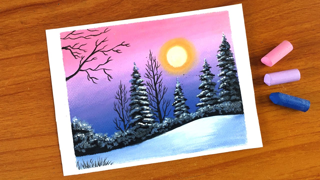 Easy Oil Pastel Winter Landscape Painting for beginners Oil Pastel Drawing Winter YouTube