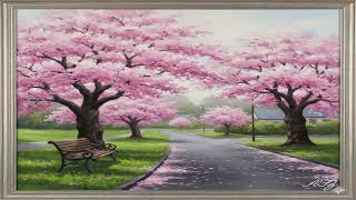 A painting of a road between cherry blossoms, where there is tranquility and beauty 4K #explore screenshot 2