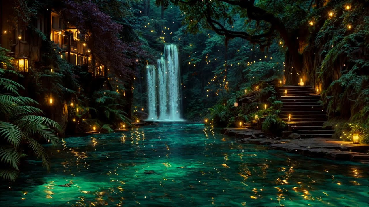 ✨ Mystic Waterfall Sanctuary 🌌 Fireflies, Lantern Glow & Peaceful Forest Night Ambience