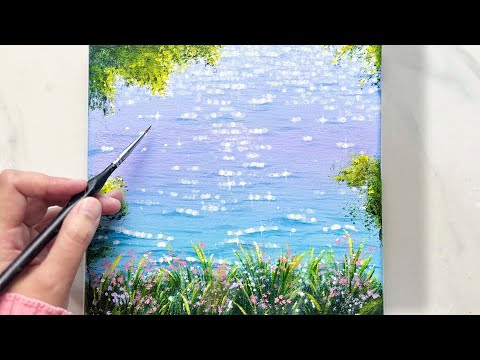 Easy Summer Lake Painting with Bokeh Effect / Acrylic Water Painting Tutorial for Beginners