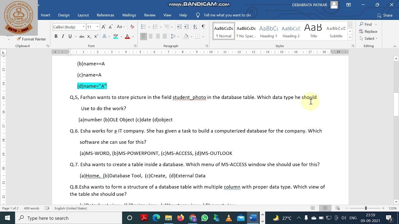 SCMS REVISION MCQ - CHP 2 , 3 - MS ACCESS