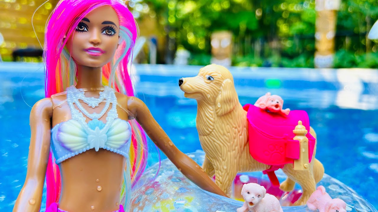 BARBIE Mermaid RESCUE Elsa and Anna toddlers PUPPIES ! water - fun ...