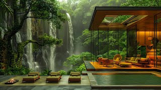 Sweet Jazz Melodies & Waterfall Sounds In Cozy Living Room - Smooth Jazz In Tranquil Forest Ambience