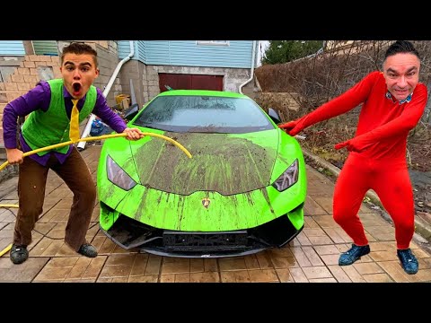 Dirt on Hood of Car Lamborghini VS Mr. Joe in Car Wash VS Man smeared Car with Mud