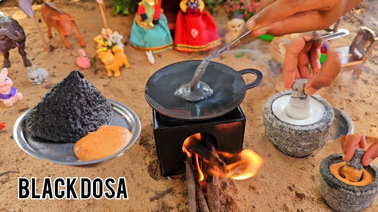 Black Dosa/Black Dosa Batter Making/mini Dosa/Black Dosa and chutney/miniature dosa/tiny cooking 