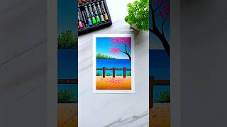 🌸 Easy Pink Blossom Tree by the Lake | Oil Pastels #Shorts