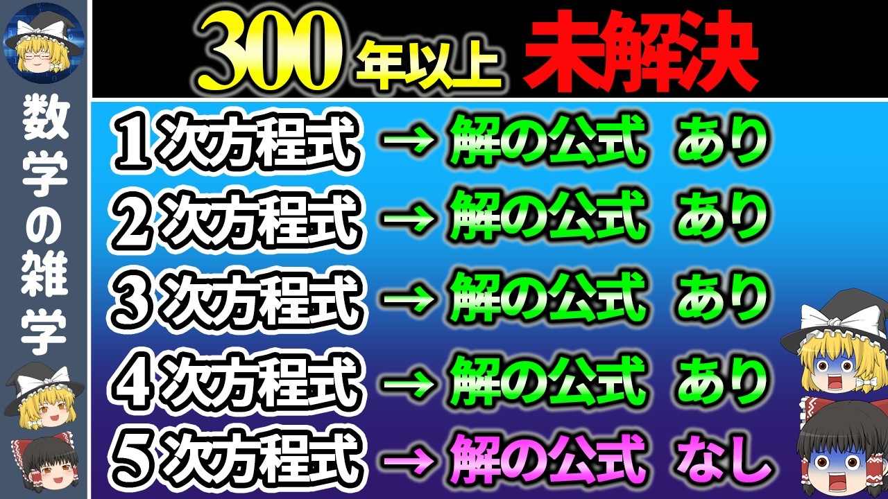 なぜ4次方程式まではあるのに5次方程式には解の公式がないのか？【ゆっくり解説】