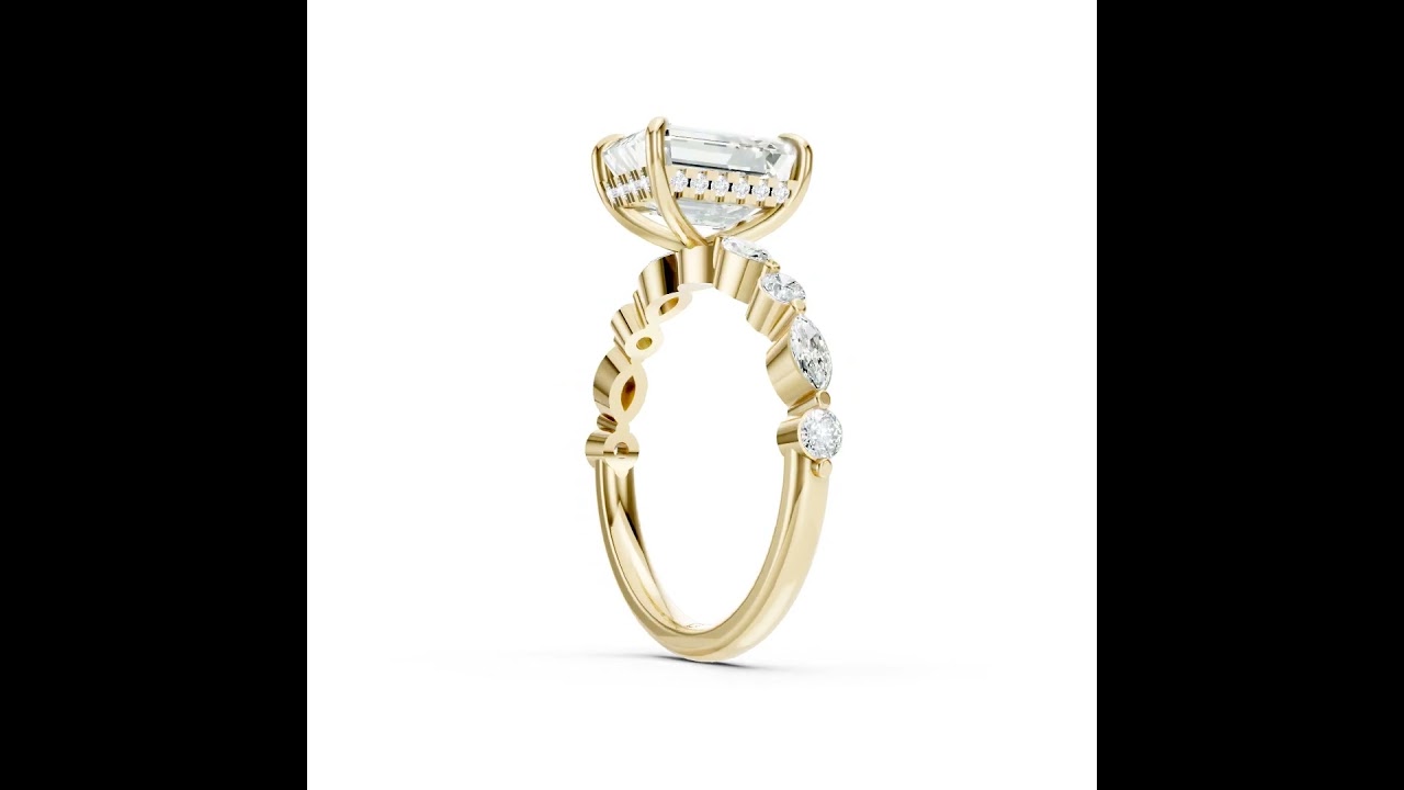 Emerald Cut Diamond Alternating Round And Marquise Engagement Ring