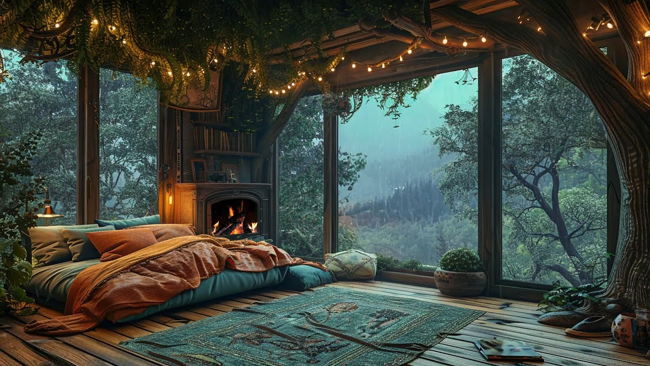 Rainy Tropical Forest Ambience | Soft Rain and Thunder with Fireplace At Cozy Porch | Sleep, Relax