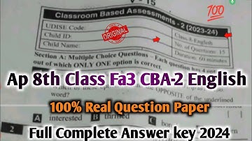 Ap 8th class Fa3 English question paper and answer 2024|💯class 8th english fa3 CBA-2 answer key 2024