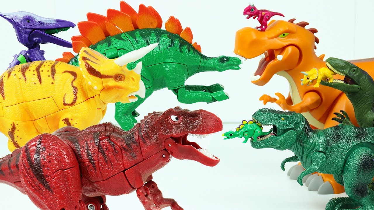 Rainbow Dinosaurs Transforming Robot Toys Battle with Hello Carbot and