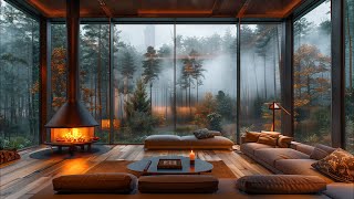 Tranquil Jazz Atmosphere - Relaxing Rainy Day in a Cozy Forest with Fireplace Crackles & Gentle Rain